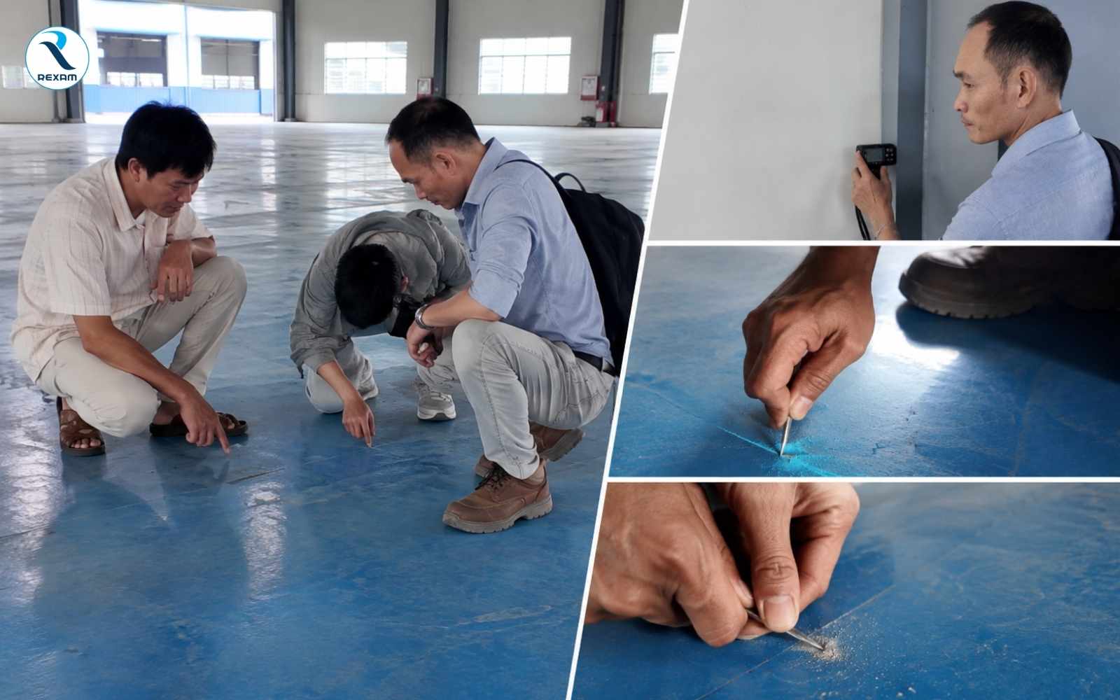 Kỹ thuật viên kiểm tra mặt sàn bê tông trước khi thi công