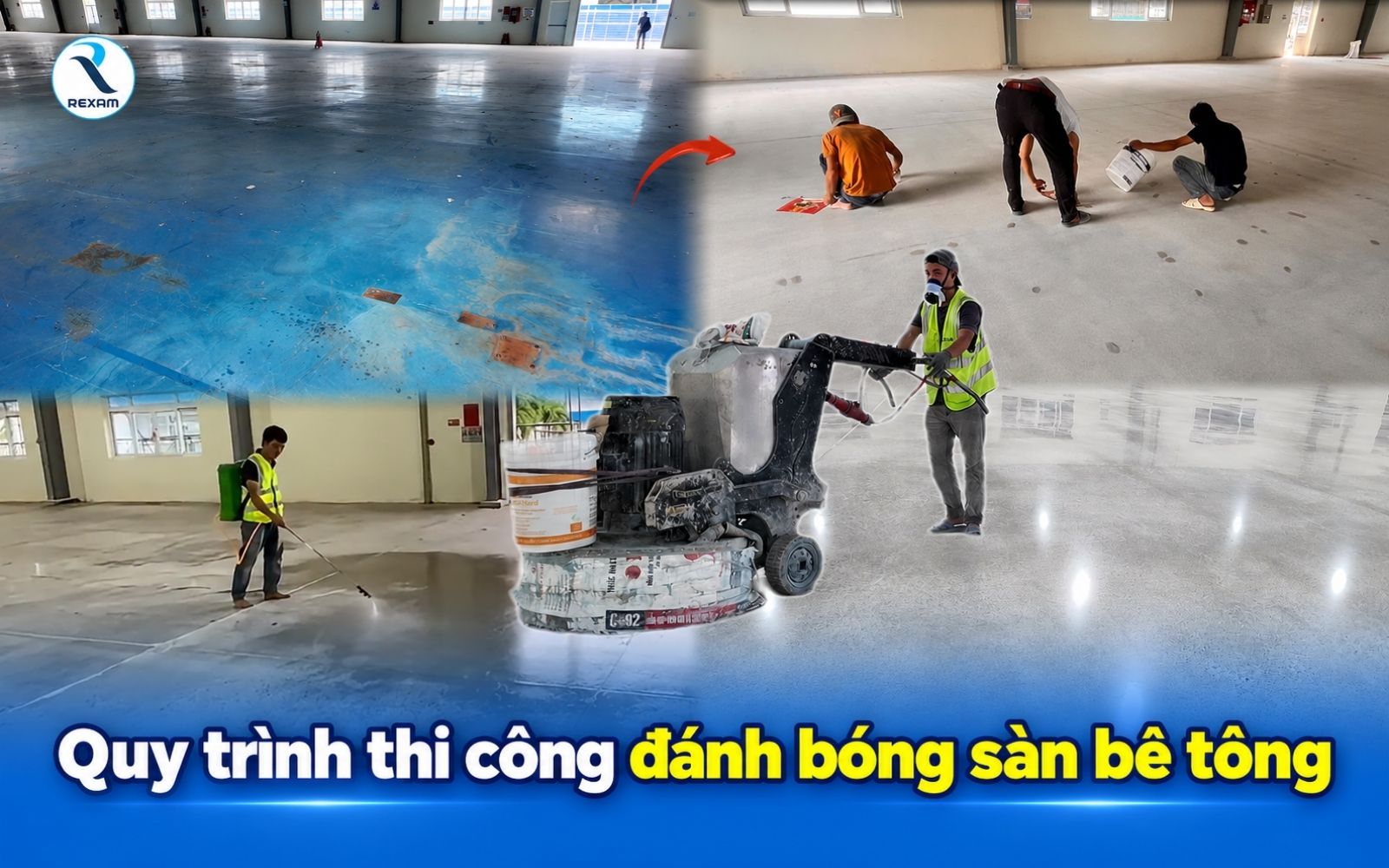 Các bước mài thô, tăng cứng và đánh bóng sàn bê tông